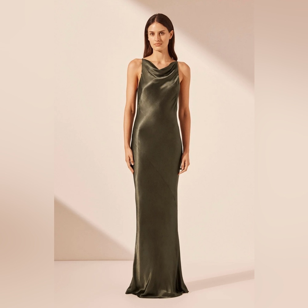 NWT LA LUNE HIGH NEXK COWL MAXI DRESS - FOREST
